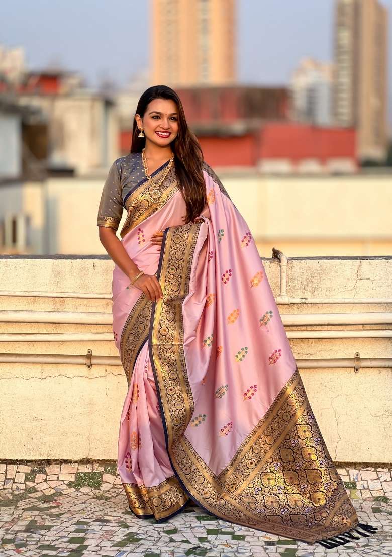 Grey Zari Woven Silk Blend Saree Set - Indya