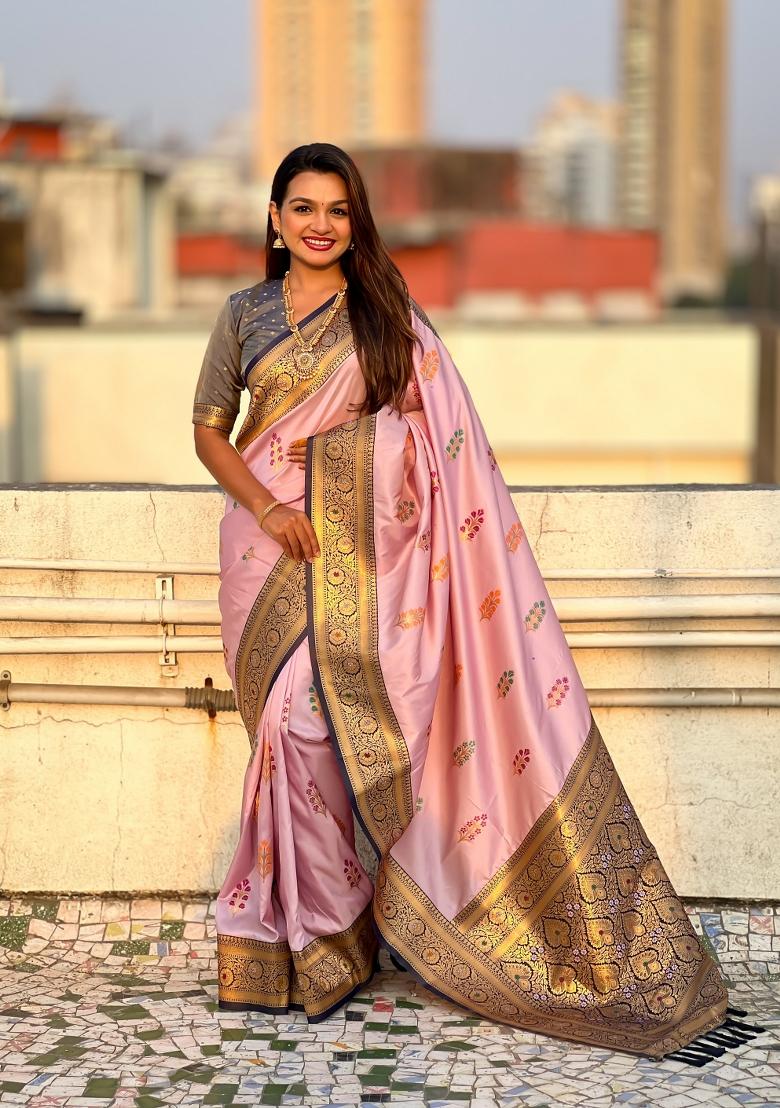 Grey Zari Woven Silk Blend Saree Set
