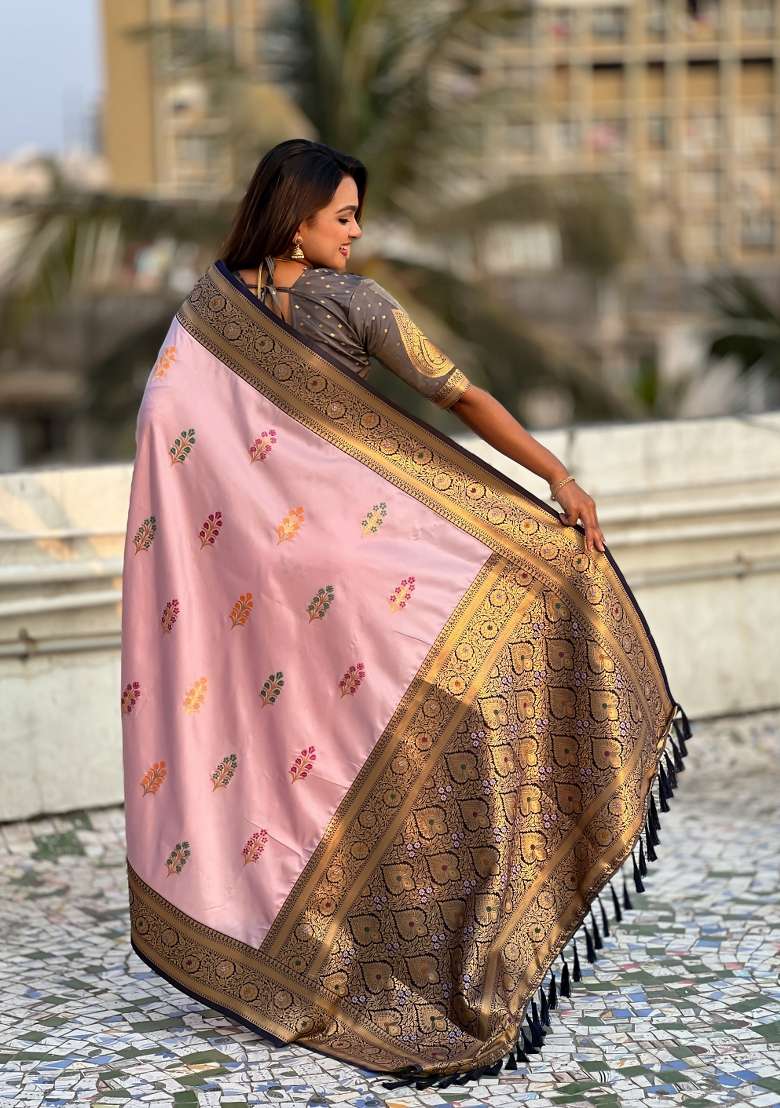 Grey Zari Woven Silk Blend Saree Set - Indya