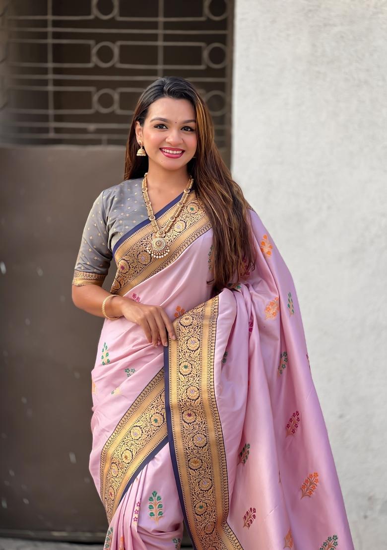 Grey Zari Woven Silk Blend Saree Set