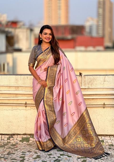 Grey Zari Woven Silk Blend Saree Set
