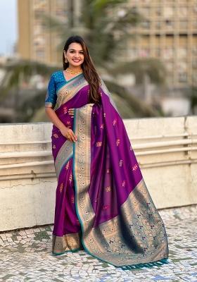Blue Zari Woven Silk Blend Saree Set