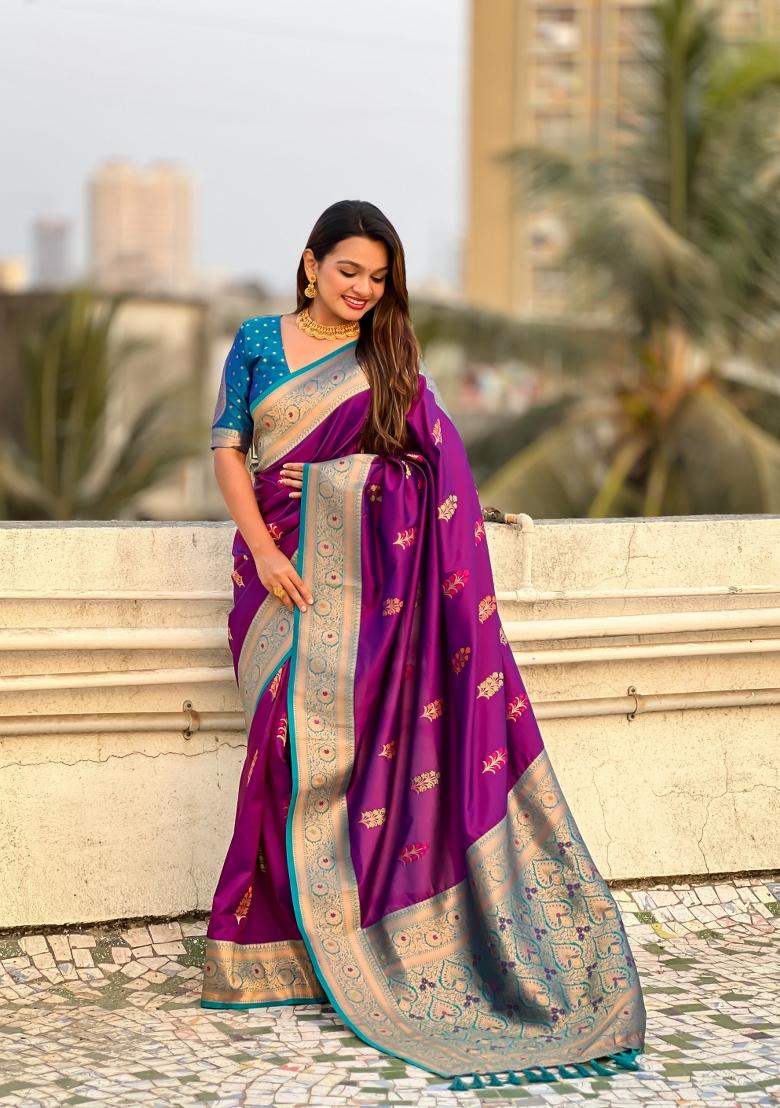 Blue Zari Woven Silk Blend Saree Set