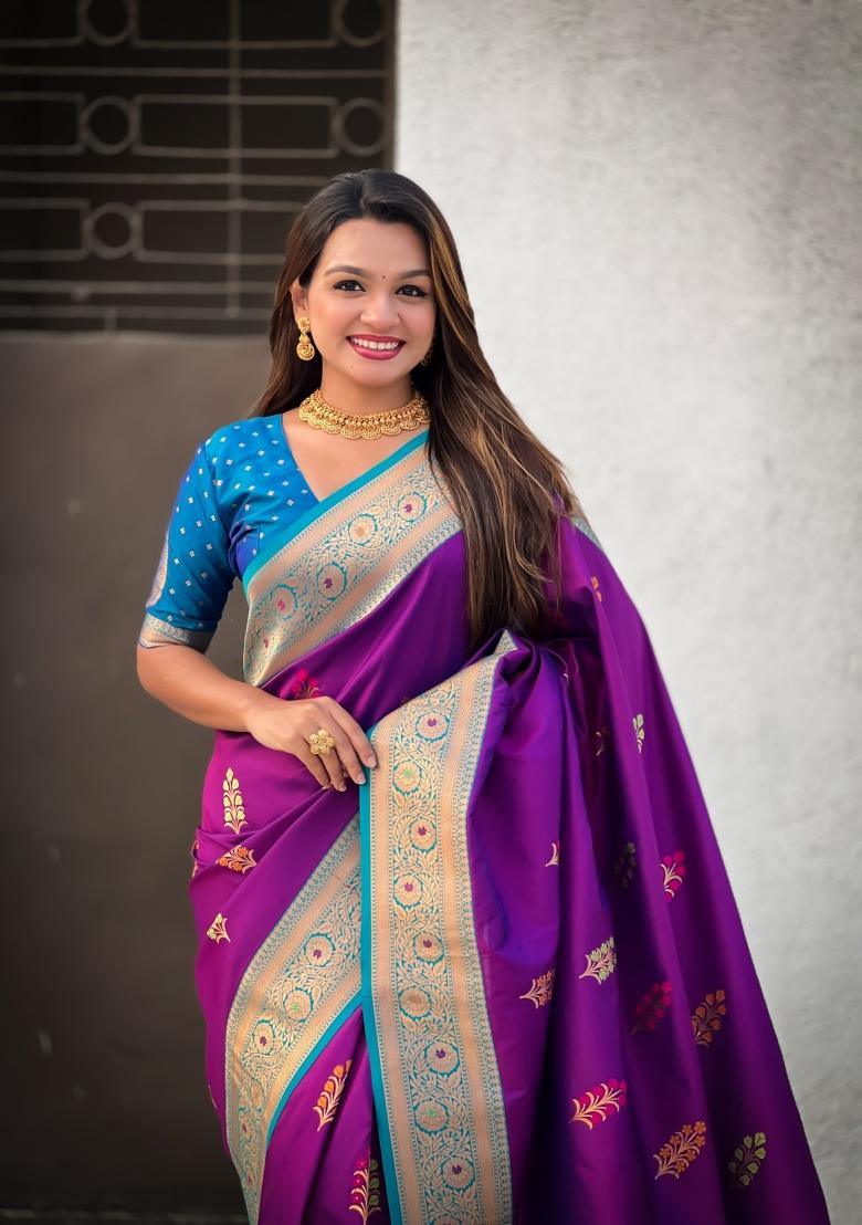 Blue Zari Woven Silk Blend Saree Set