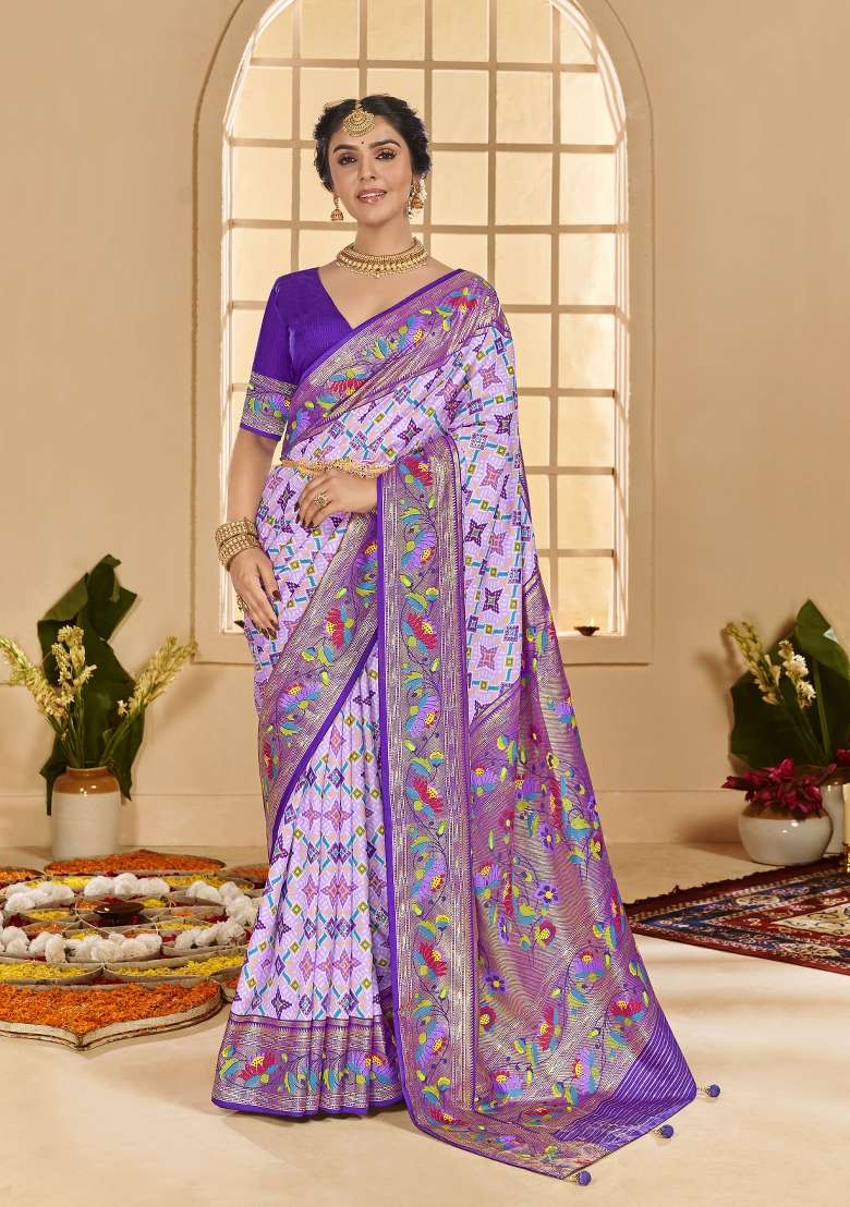Purple Abstract Print Silk Blend Saree Set - Indya