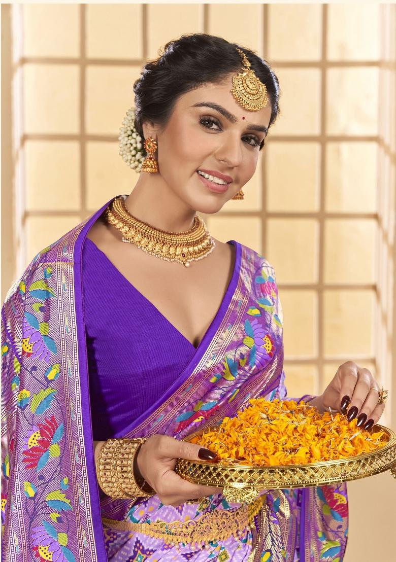 Purple Abstract Print Silk Blend Saree Set