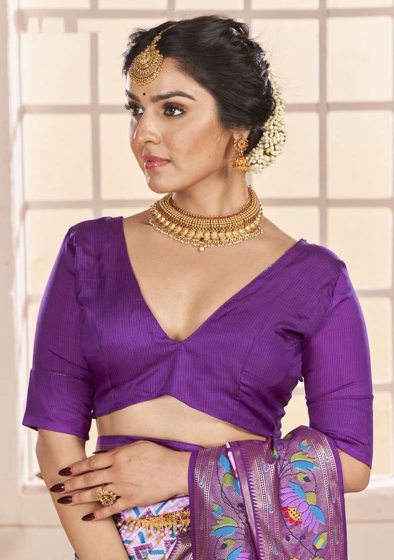 Purple Abstract Print Silk Blend Saree Set - Indya