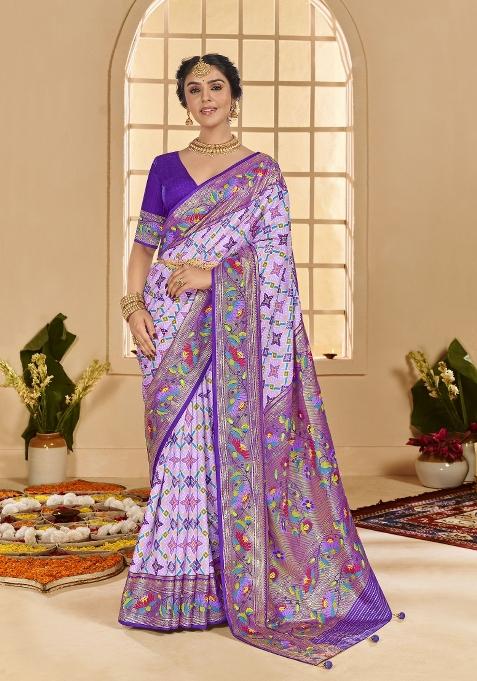 Purple Abstract Print Silk Blend Saree Set