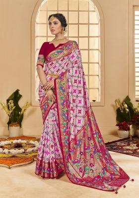 Pink Abstract Print Silk Blend Saree Set