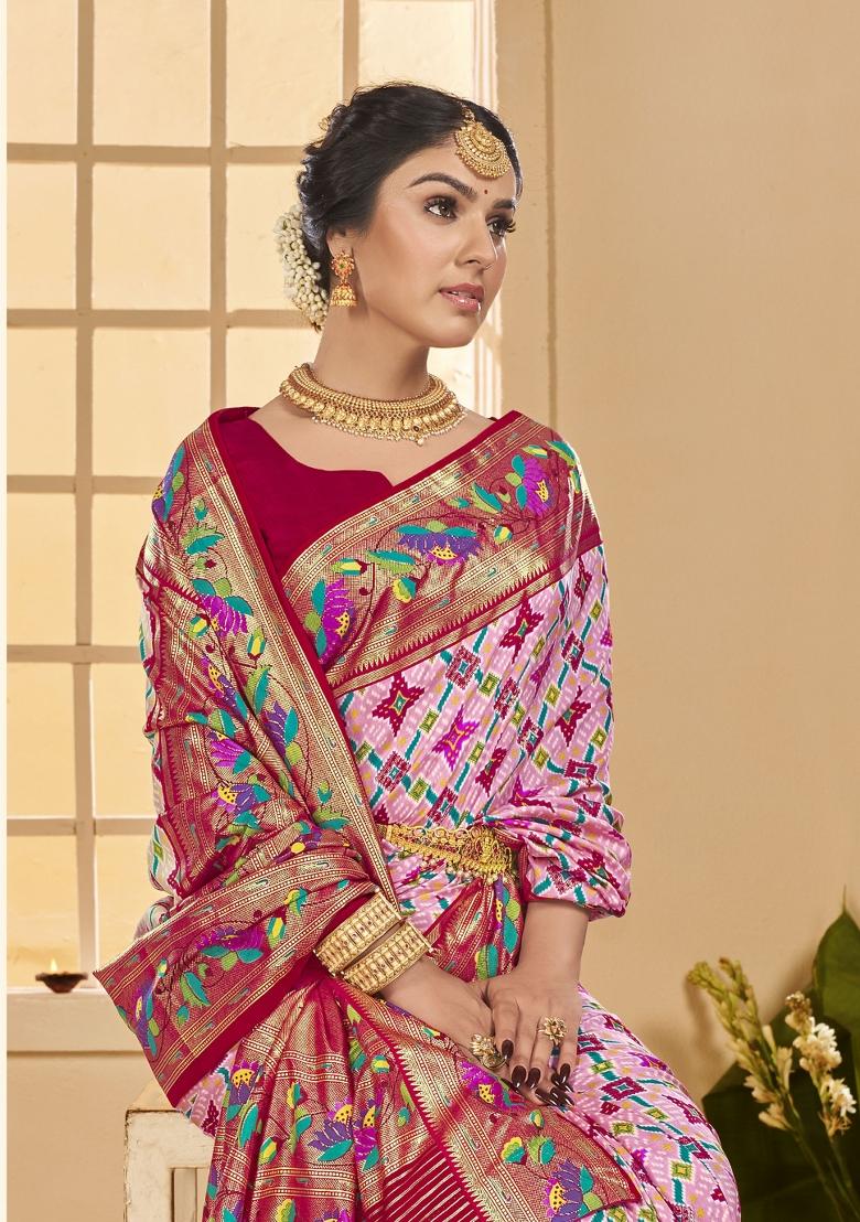 Pink Abstract Print Silk Blend Saree Set