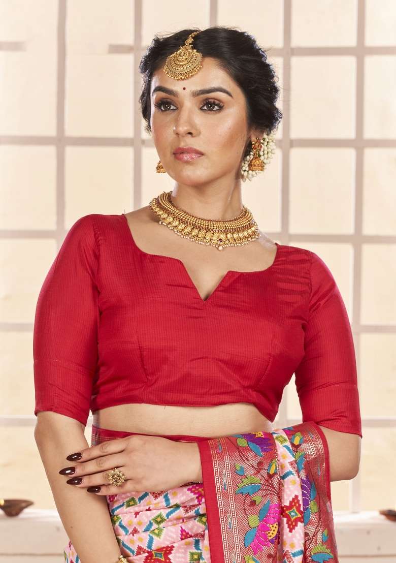 Pink Abstract Print Silk Blend Saree Set - Indya