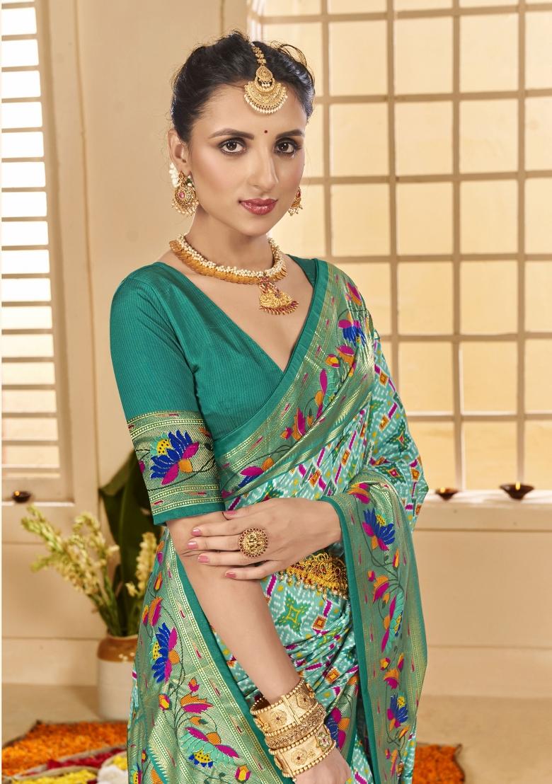 Green Abstract Print Silk Blend Saree Set