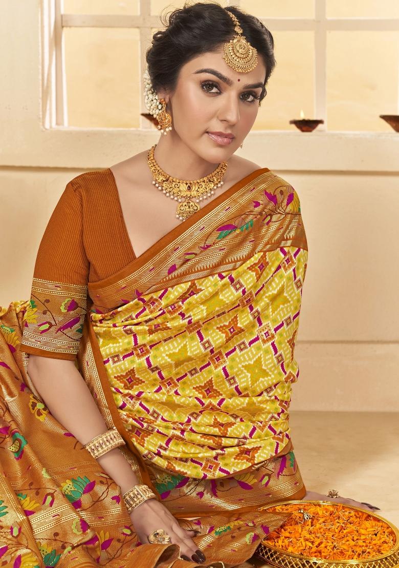 Orange Abstract Print Silk Blend Saree Set