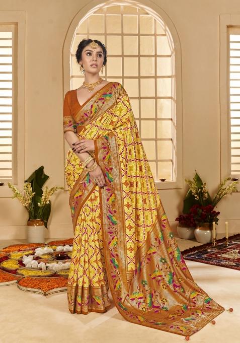 Orange Abstract Print Silk Blend Saree Set