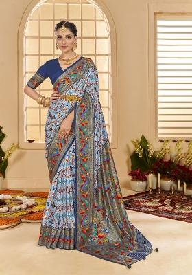 Teal Blue Abstract Print Silk Blend Saree Set