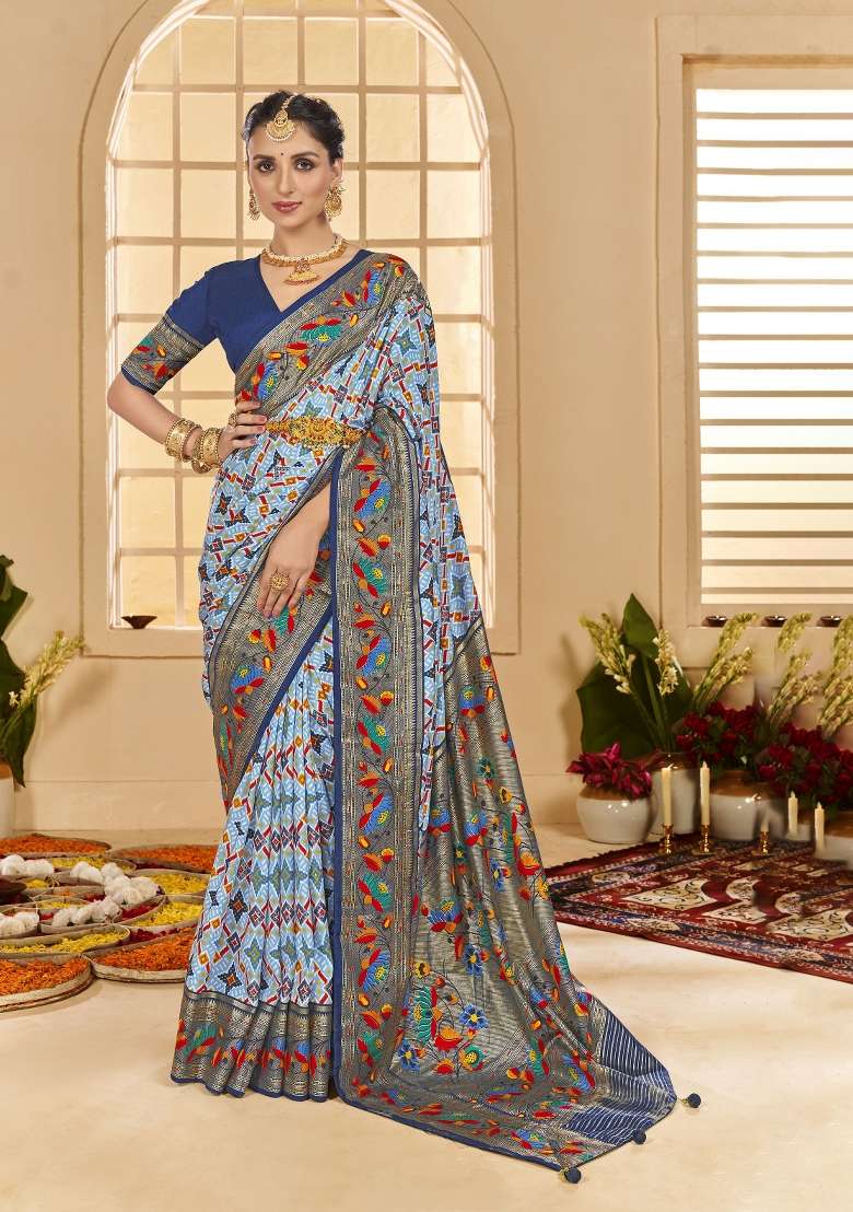 Teal Blue Abstract Print Silk Blend Saree Set - Indya