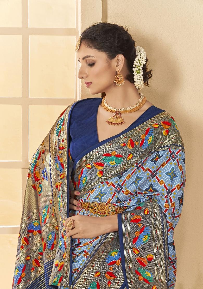 Teal Blue Abstract Print Silk Blend Saree Set