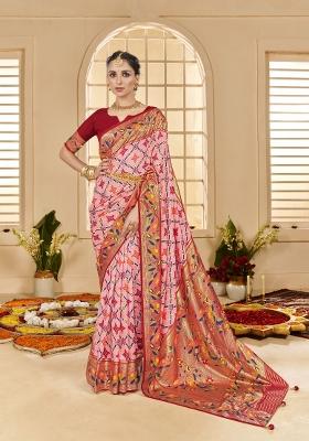Red Abstract Print Silk Blend Saree Set