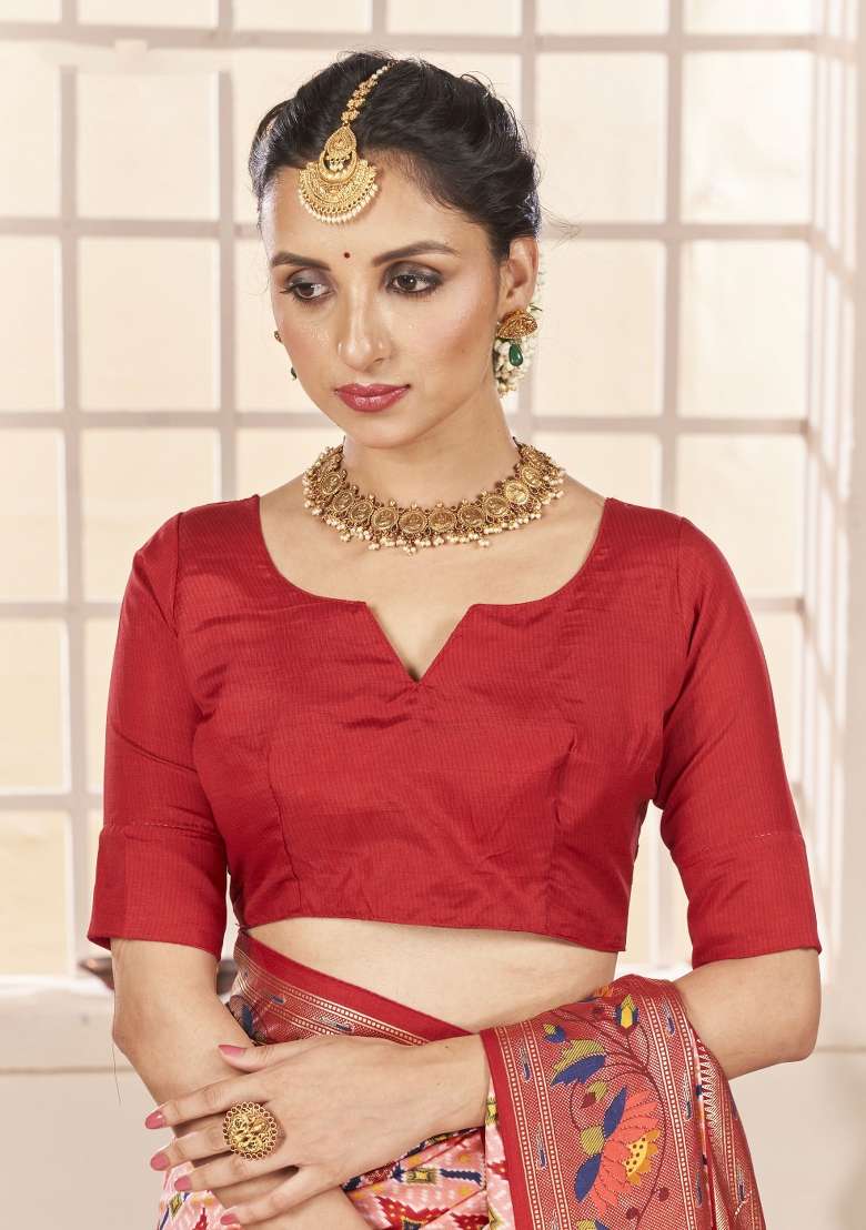 Red Abstract Print Silk Blend Saree Set - Indya