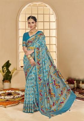 Blue Abstract Print Silk Blend Saree Set
