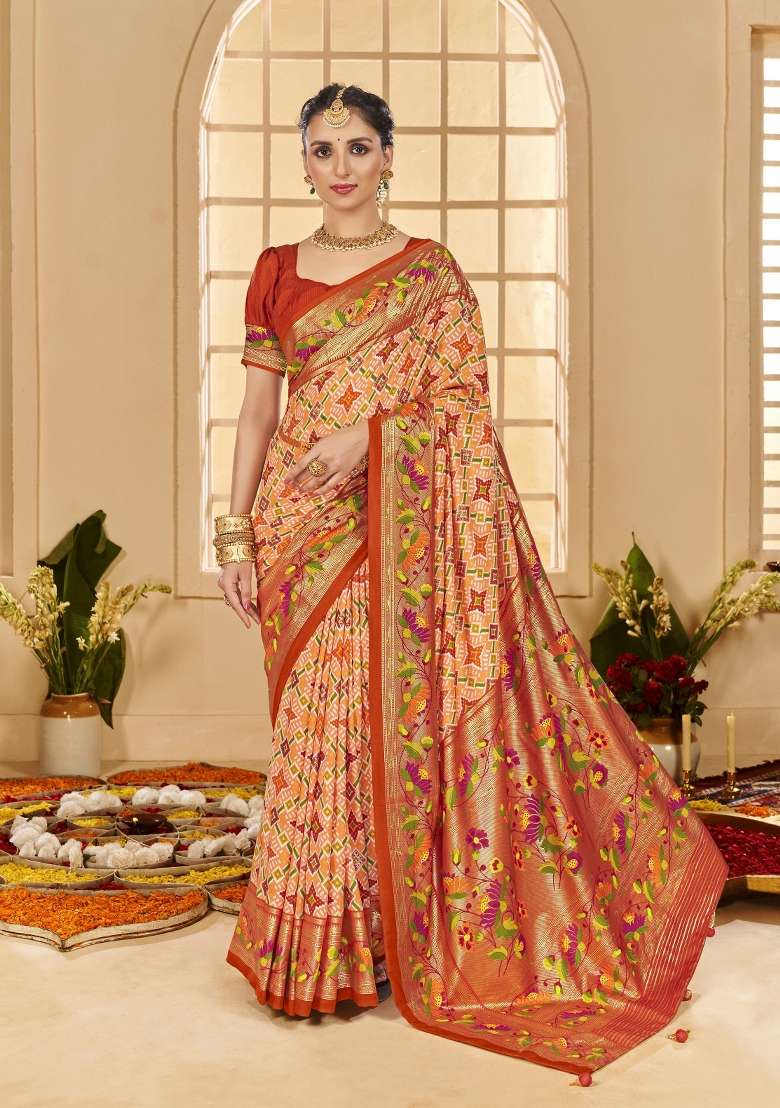 Orange Abstract Print Silk Blend Saree Set - Indya