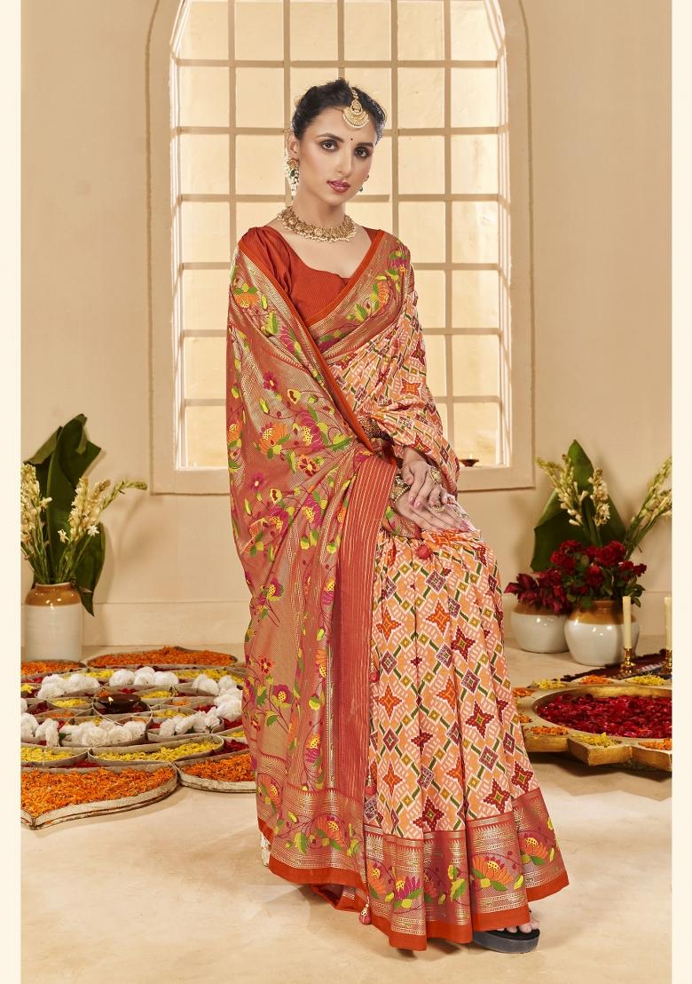 Orange Abstract Print Silk Blend Saree Set