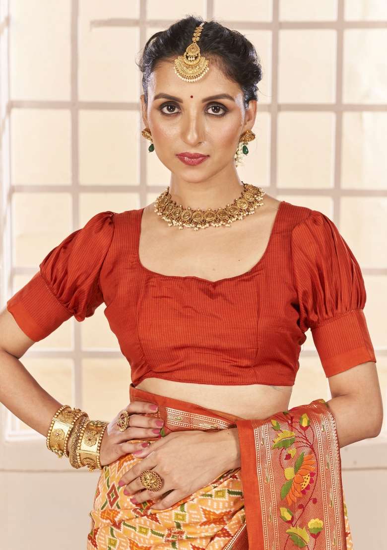 Orange Abstract Print Silk Blend Saree Set - Indya
