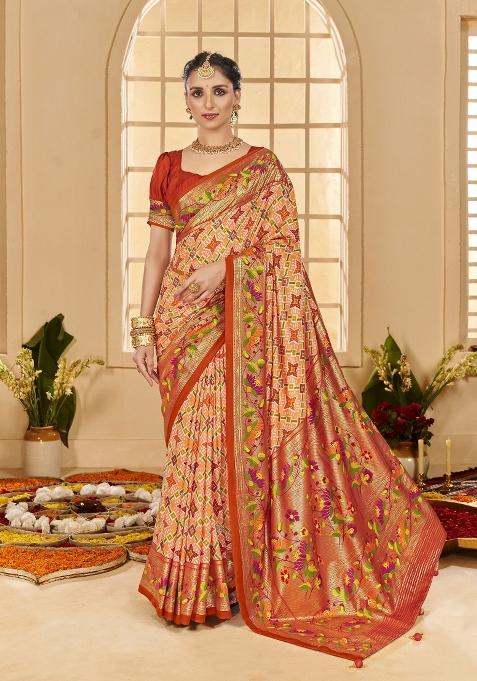 Orange Abstract Print Silk Blend Saree Set