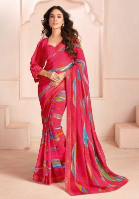 Pink Abstract Print Georgette Saree Set