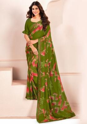 Green Abstract Print Georgette Saree Set