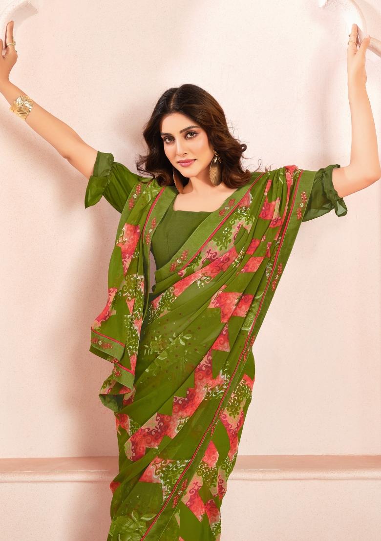 Green Abstract Print Georgette Saree Set