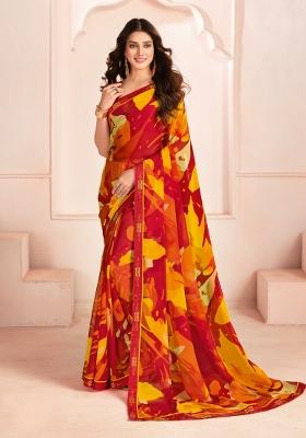 Multicolor Abstract Print Georgette Saree Set