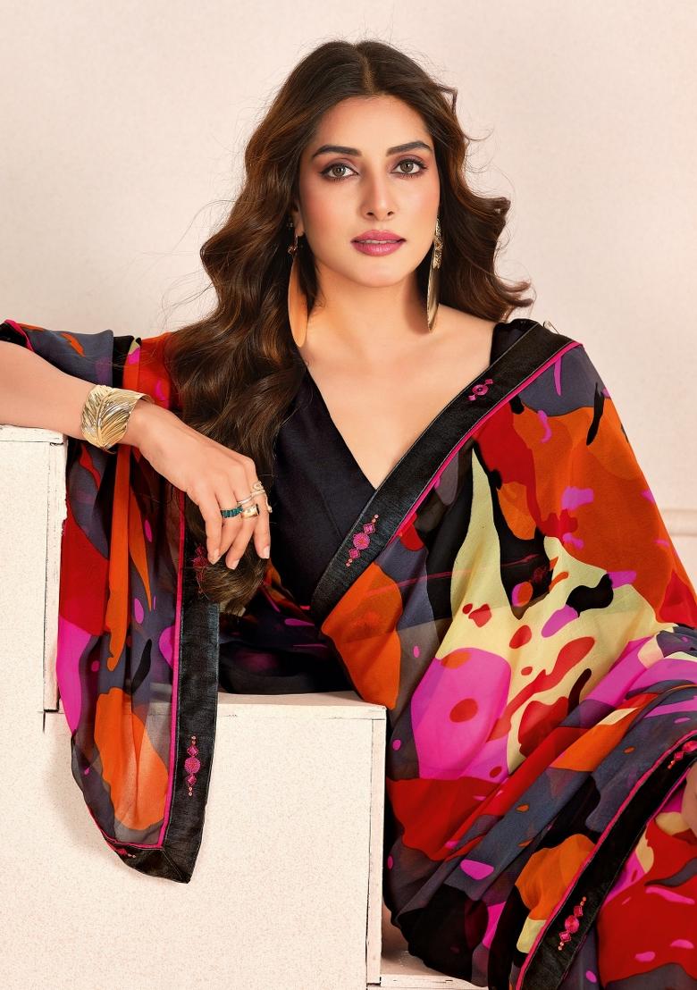 Multicolor Abstract Print Georgette Saree Set
