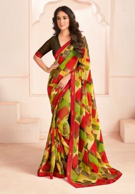 Green Abstract Print Georgette Saree Set