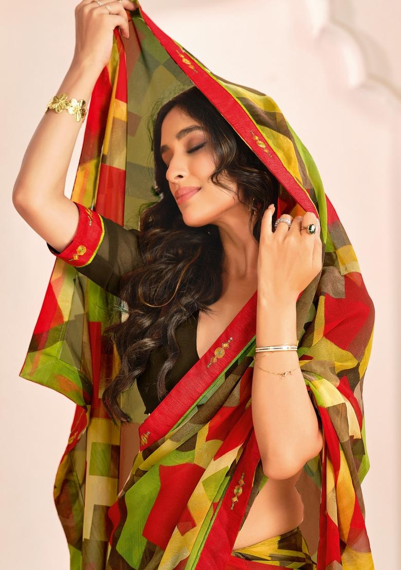 Green Abstract Print Georgette Saree Set
