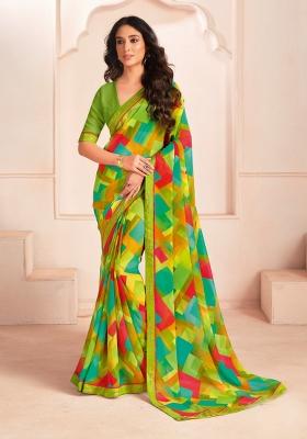 Green Abstract Print Georgette Saree Set