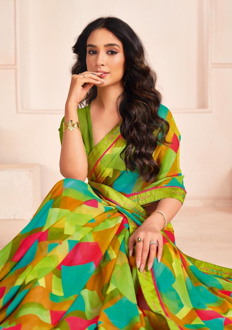 Green Abstract Print Georgette Saree Set