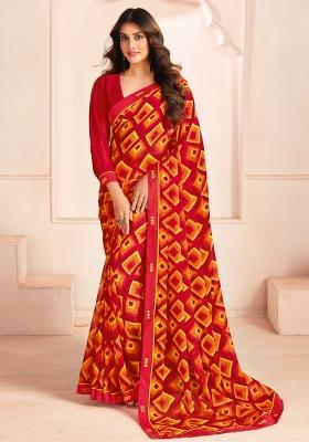 Red Abstract Print Georgette Saree Set