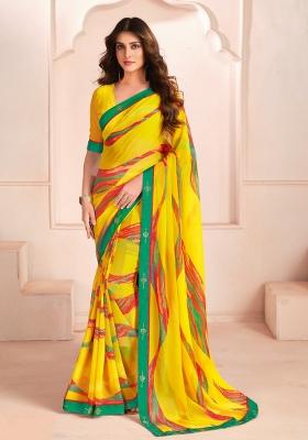 Yellow Abstract Print Georgette Saree Set