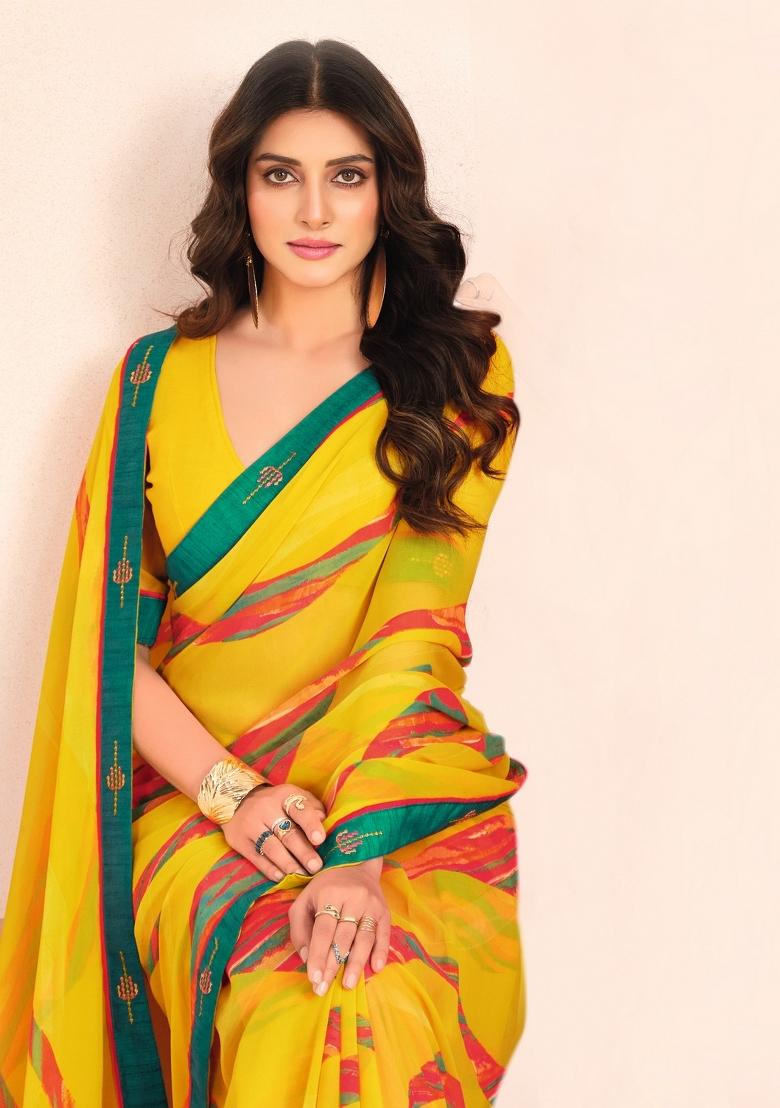 Yellow Abstract Print Georgette Saree Set