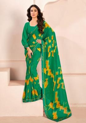 Green Abstract Print Georgette Saree Set