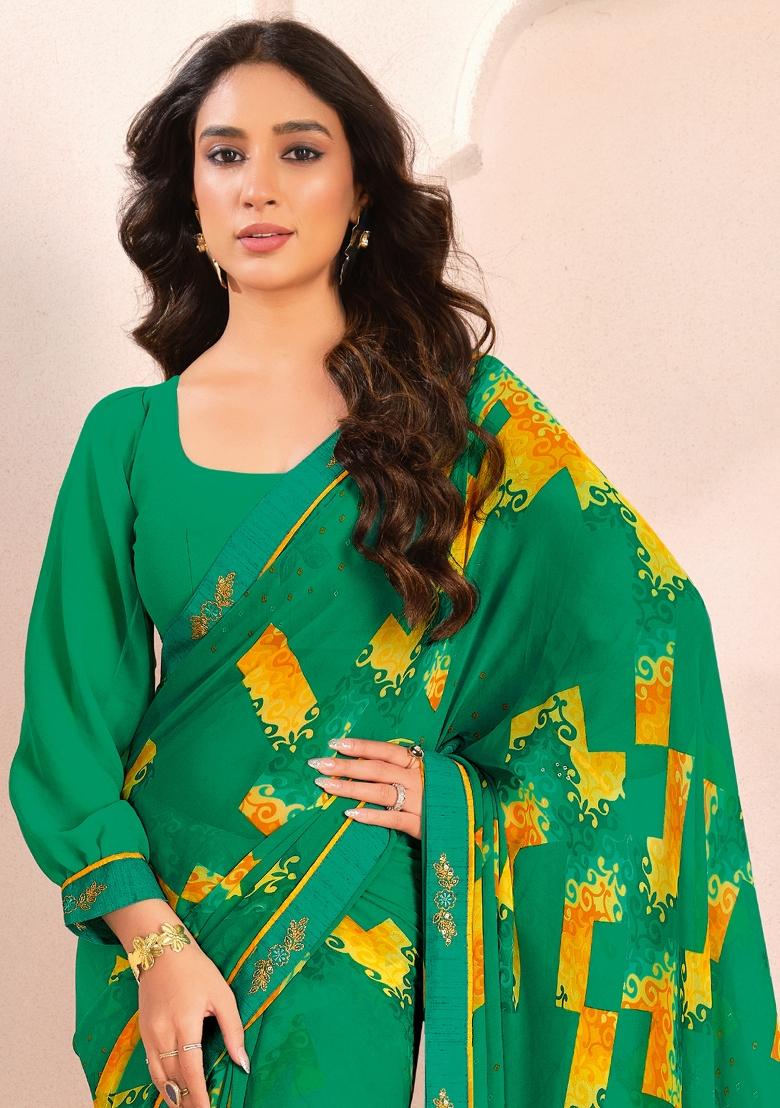 Green Abstract Print Georgette Saree Set