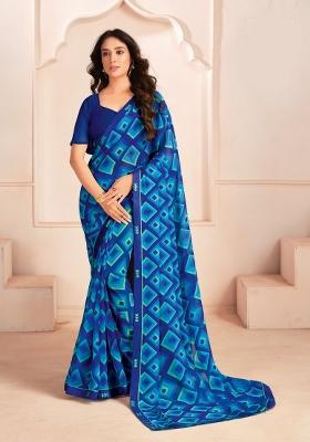 Blue Abstract Print Georgette Saree Set