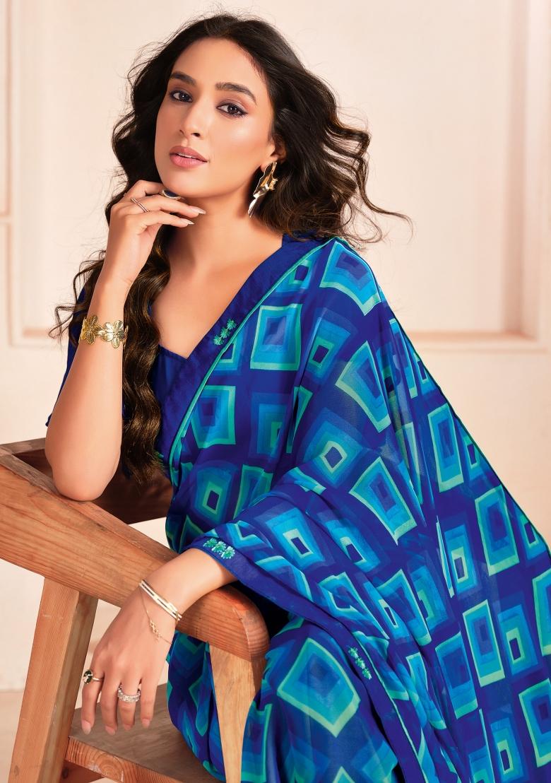 Blue Abstract Print Georgette Saree Set