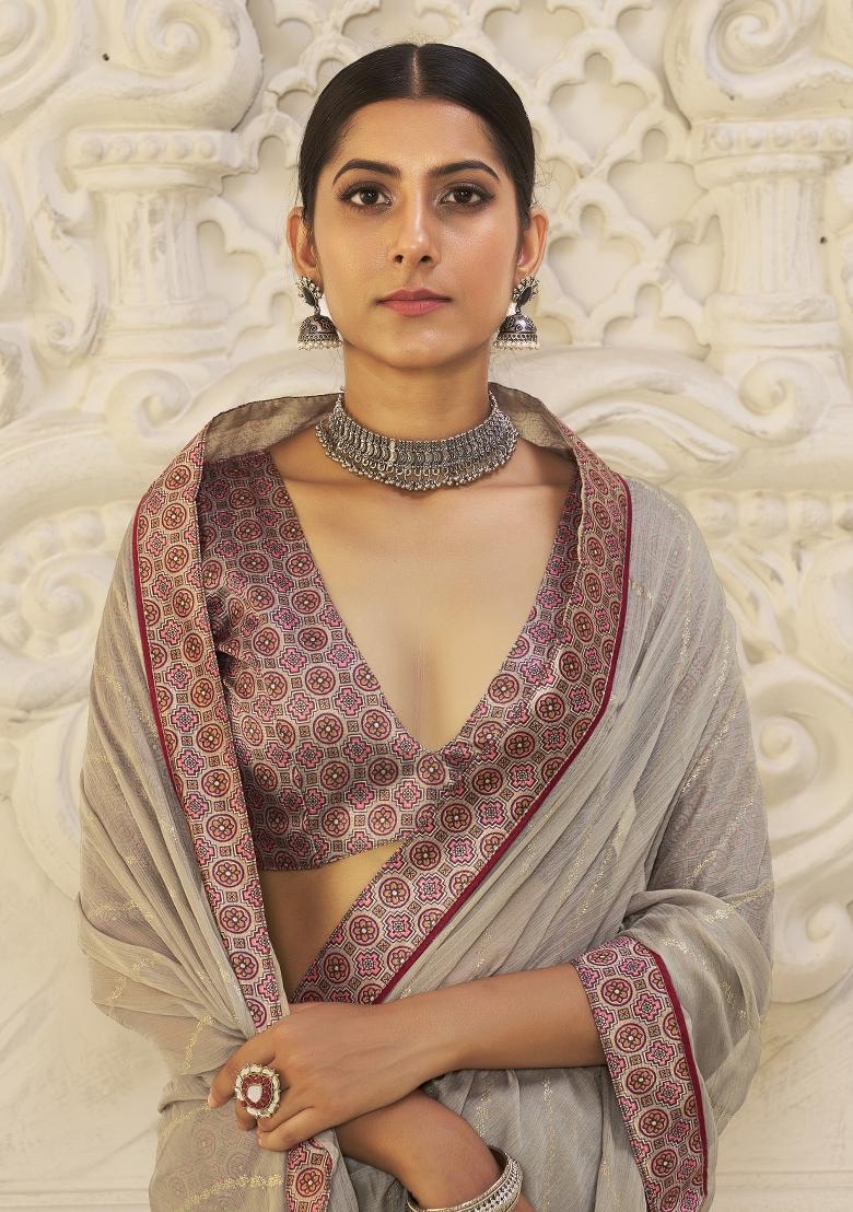 Grey Abstract Print Chiffon Saree Set