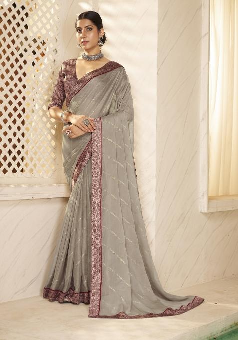 Grey Abstract Print Chiffon Saree Set