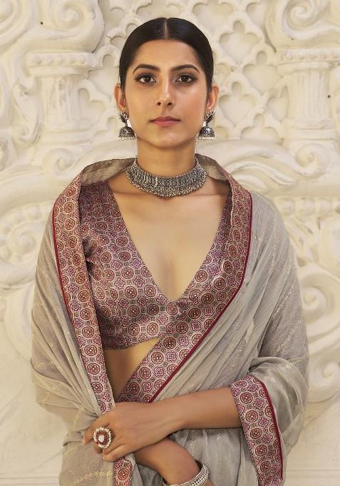 Grey Abstract Print Chiffon Saree Set