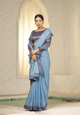 Sky Blue Abstract Print Chiffon Saree Set