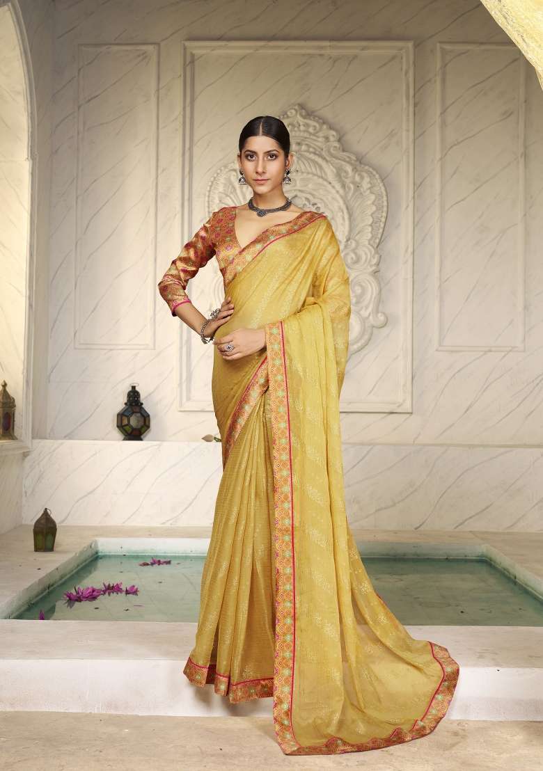 Yellow Chiffon Saree Set with Abstract Print for Diwali | Wedding & Festive Wear - Indya