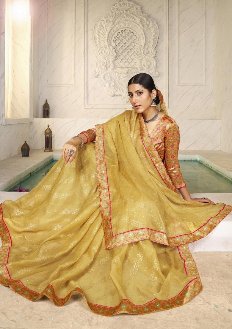 Yellow Abstract Print Chiffon Saree Set